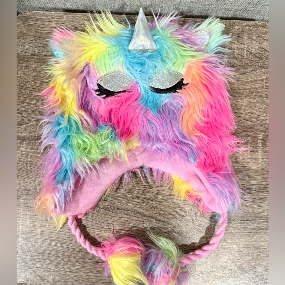 Zoe&Zac rainbow faux fur unicorn double lined winter hat. Pompom ties.NEVER WORN